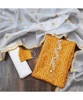 yellow Slub Cotton Printed Unstitched Dress Material 5
