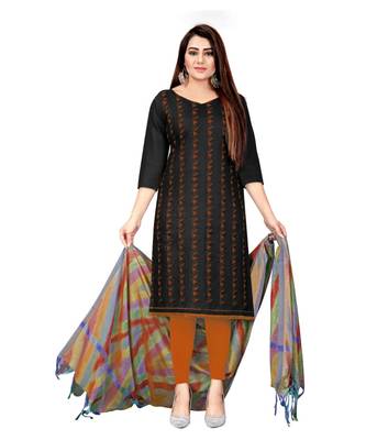 Black Slub Cotton Embroidered Unstitched Dress Material 1
