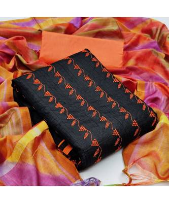 Black Slub Cotton Embroidered Unstitched Dress Material 5