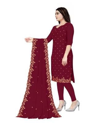 Maroon Georgette Embroidered Unstitched Dress Material 2