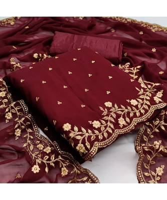 Maroon Georgette Embroidered Unstitched Dress Material 5