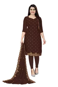 Brown Georgette Embroidered Unstitched Dress Material