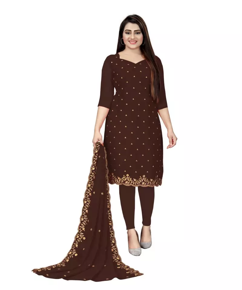 Brown Georgette Embroidered Unstitched Dress Material