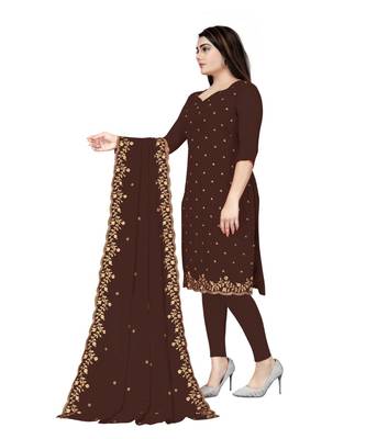 Brown Georgette Embroidered Unstitched Dress Material 2