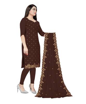 Brown Georgette Embroidered Unstitched Dress Material 3