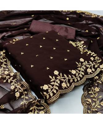 Brown Georgette Embroidered Unstitched Dress Material 5