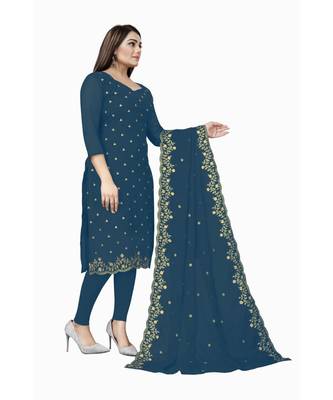 Blue Georgette Embroidered Unstitched Dress Material 2
