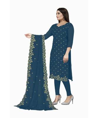 Blue Georgette Embroidered Unstitched Dress Material 3