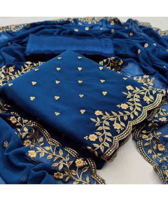 Blue Georgette Embroidered Unstitched Dress Material 5