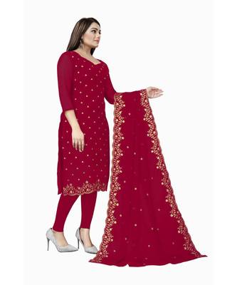 Red Georgette Embroidered Unstitched Dress Material 1