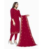 Red Georgette Embroidered Unstitched Dress Material