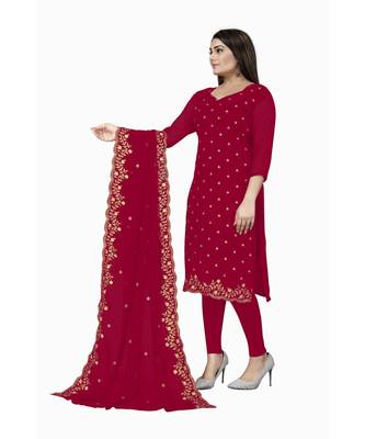 Red Georgette Embroidered Unstitched Dress Material 2