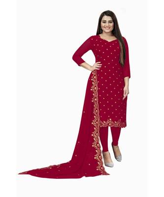 Red Georgette Embroidered Unstitched Dress Material 4