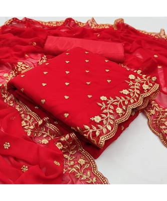 Red Georgette Embroidered Unstitched Dress Material 5