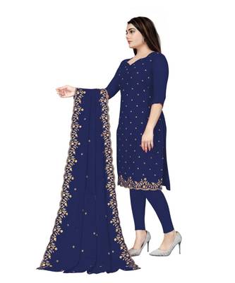 Navy Blue Georgette Embroidered Unstitched Dress Material 2