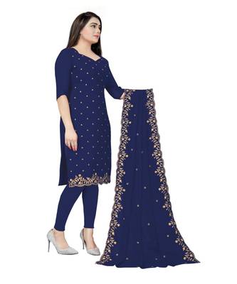 Navy Blue Georgette Embroidered Unstitched Dress Material 3