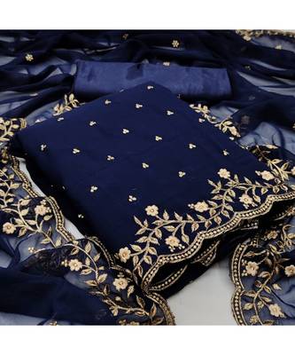 Navy Blue Georgette Embroidered Unstitched Dress Material 5