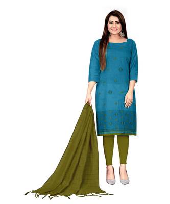 Blue Banarasi Cotton Embroidered Unstitched Dress Material 1