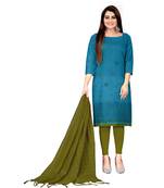 Blue Banarasi Cotton Embroidered Unstitched Dress Material