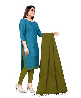 Blue Banarasi Cotton Embroidered Unstitched Dress Material 4