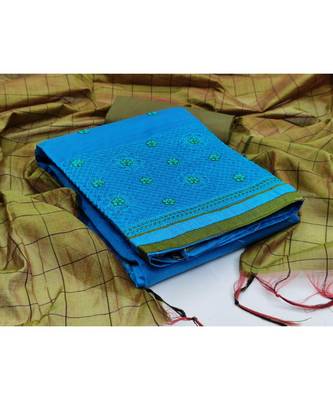 Blue Banarasi Cotton Embroidered Unstitched Dress Material 5