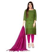 Green Banarasi Cotton Embroidered Unstitched Dress Material