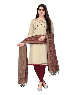 Off White Khadi Cotton Embroidered Unstitched Dress Material 1