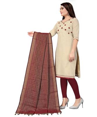Off White Khadi Cotton Embroidered Unstitched Dress Material 3
