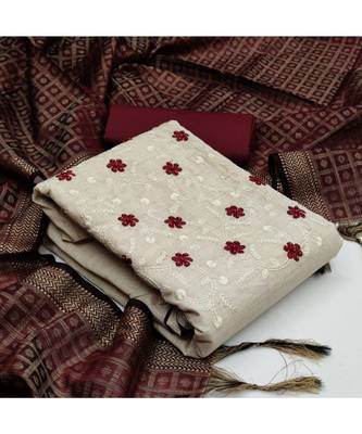 Off White Khadi Cotton Embroidered Unstitched Dress Material 5