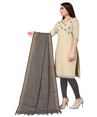 Off White Khadi Cotton Embroidered Unstitched Dress Material 3