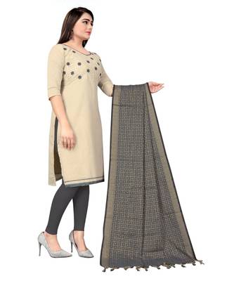 Off White Khadi Cotton Embroidered Unstitched Dress Material 4