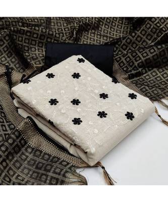 Off White Khadi Cotton Embroidered Unstitched Dress Material 5