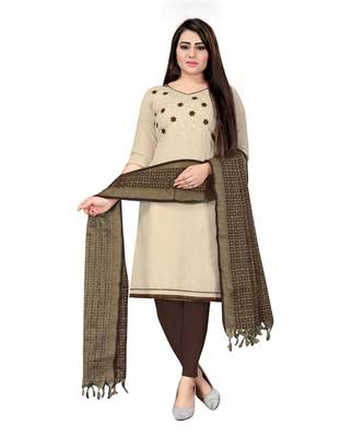 Off White Khadi Cotton Embroidered Unstitched Dress Material 1