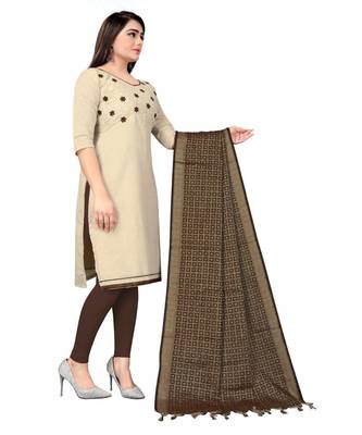 Off White Khadi Cotton Embroidered Unstitched Dress Material 4