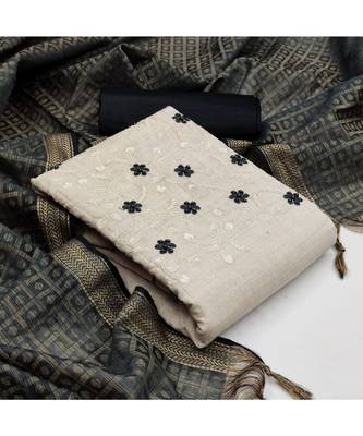 Off White Khadi Cotton Embroidered Unstitched Dress Material 5
