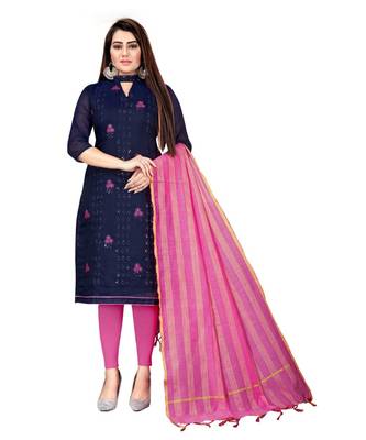 Navy Blue Chanderi Cotton Embroidered Unstitched Dress Material 1