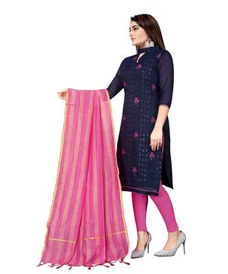 Navy Blue Chanderi Cotton Embroidered Unstitched Dress Material 3