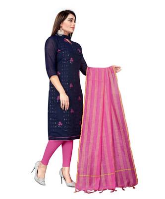 Navy Blue Chanderi Cotton Embroidered Unstitched Dress Material 4