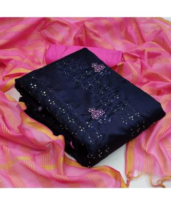 Navy Blue Chanderi Cotton Embroidered Unstitched Dress Material 5