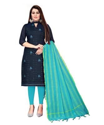 Navy Blue Chanderi Cotton Embroidered Unstitched Dress Material 1