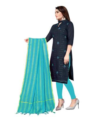 Navy Blue Chanderi Cotton Embroidered Unstitched Dress Material 3