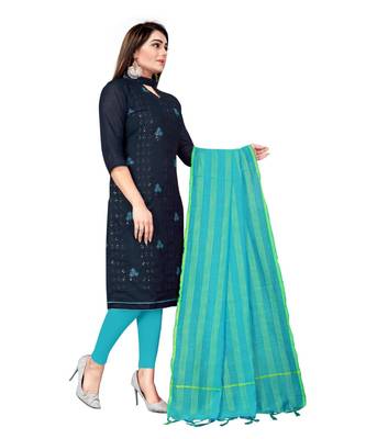 Navy Blue Chanderi Cotton Embroidered Unstitched Dress Material 4