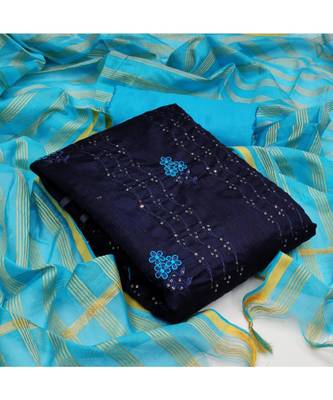 Navy Blue Chanderi Cotton Embroidered Unstitched Dress Material 5