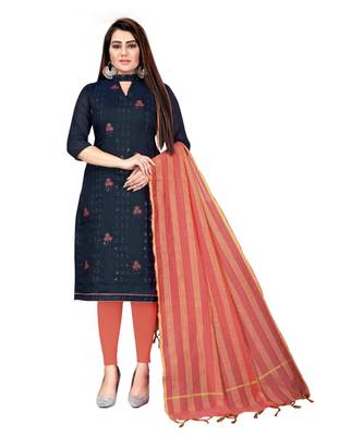 Navy Blue Chanderi Cotton Embroidered Unstitched Dress Material 1