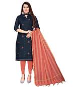 Navy Blue Chanderi Cotton Embroidered Unstitched Dress Material