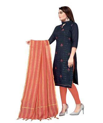 Navy Blue Chanderi Cotton Embroidered Unstitched Dress Material 3