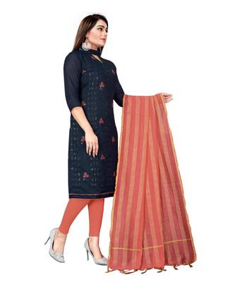 Navy Blue Chanderi Cotton Embroidered Unstitched Dress Material 4
