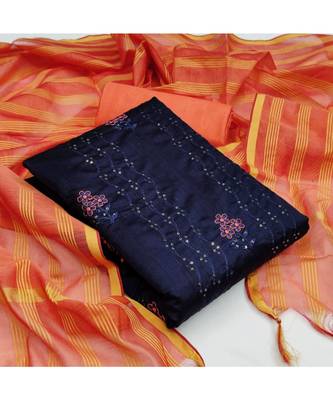 Navy Blue Chanderi Cotton Embroidered Unstitched Dress Material 5