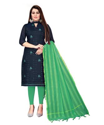 Navy Blue Chanderi Cotton Embroidered Unstitched Dress Material 1