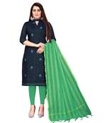 Navy Blue Chanderi Cotton Embroidered Unstitched Dress Material